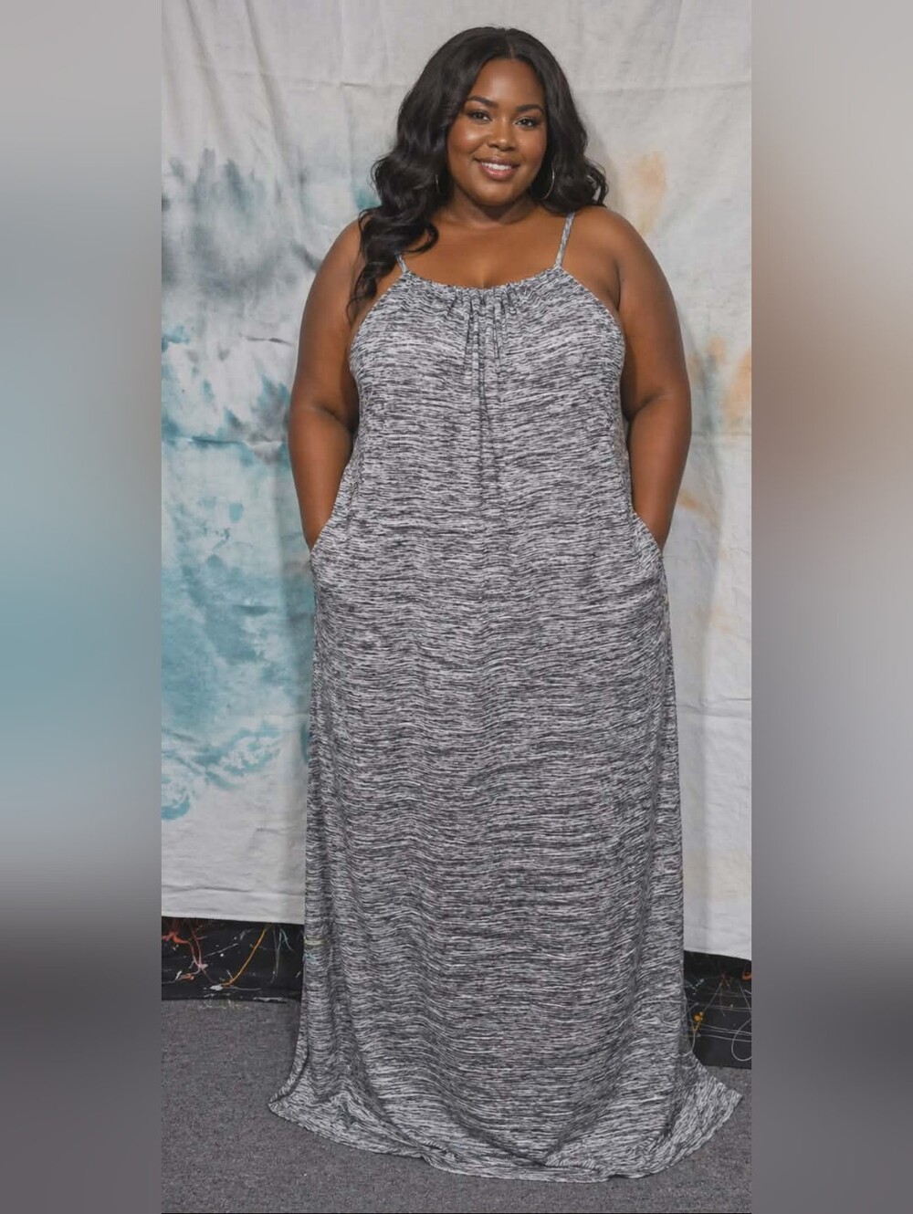 Plus Size Heather Gray Spaghetti-Strap Maxi Dress with Pockets